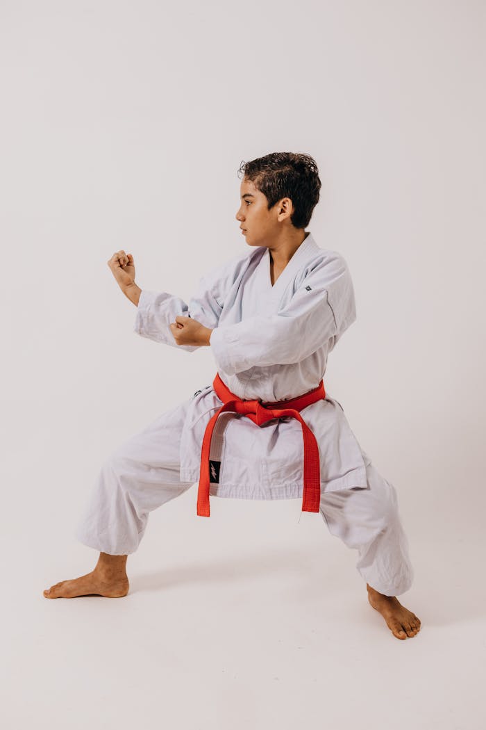 Young martial artist poses in a karate stance wearing traditional white gi and red belt.